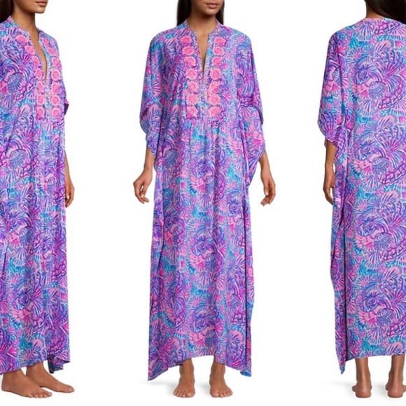NWT LILLY PULITZER ROSSI CAFTAN/COVER TURQUOISE OASIS SHELLEIDOSCOPE - Picture 3 of 9